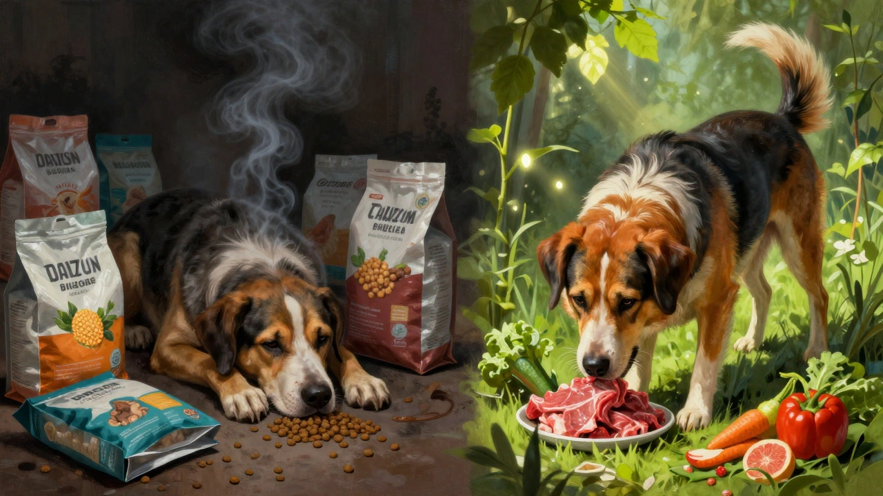 Две стороны: одна — собака с сухим кормом и тусклой шерстью, другая — активная собака с натуральной едой.