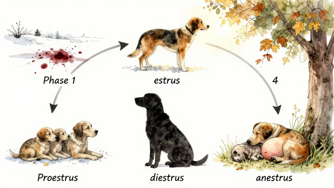 Художественная иллюстрация цикла течки у собаки, разделенного на четыре фазы в виде круга.