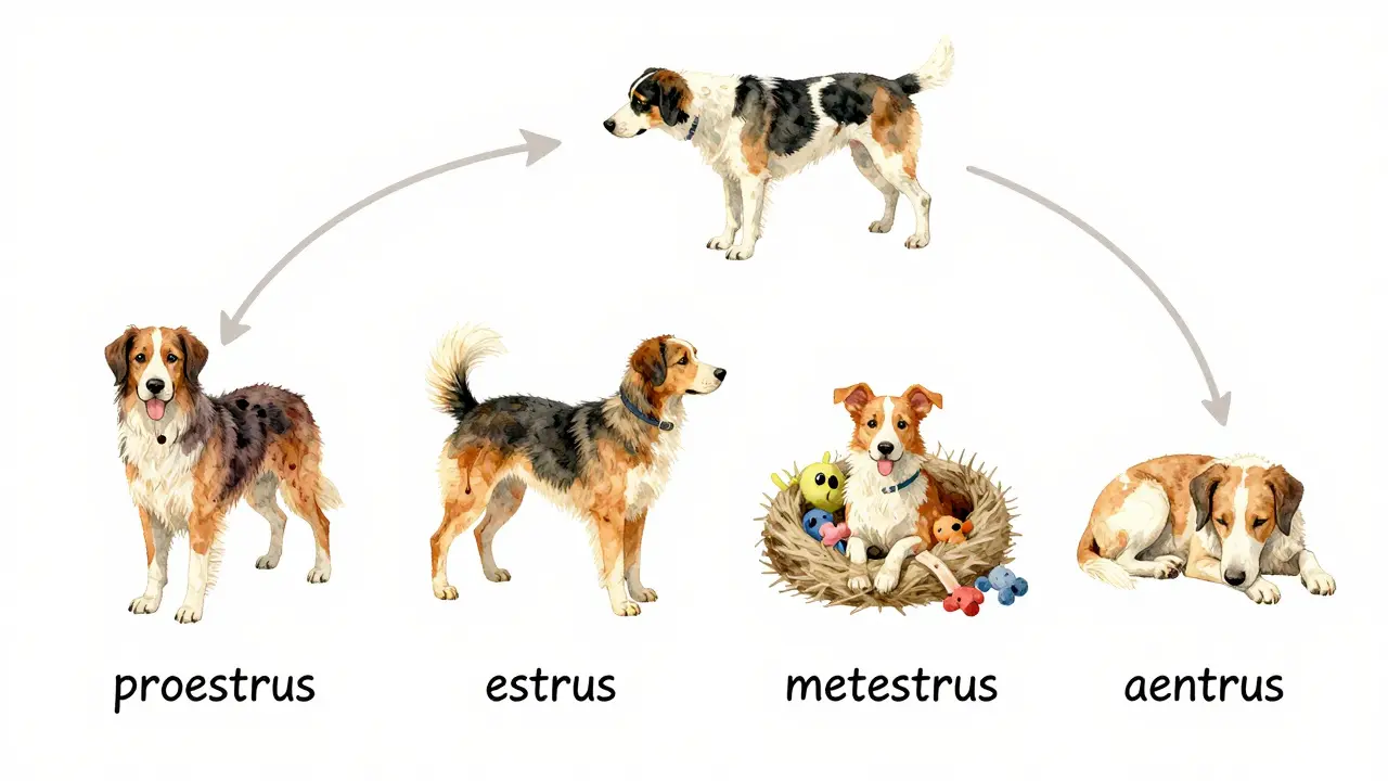 Иллюстрация четырех стадий течки у собаки: выделения, поведение, гнездование, покой.