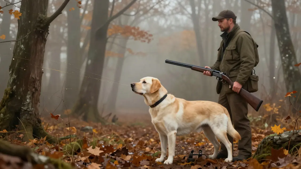 Лабрадор стоит на месте в лесу, охотник наблюдает за ним спокойно.