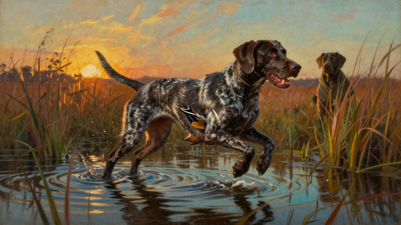 Немецкий курцхаар в болоте возвращает утку на закате.