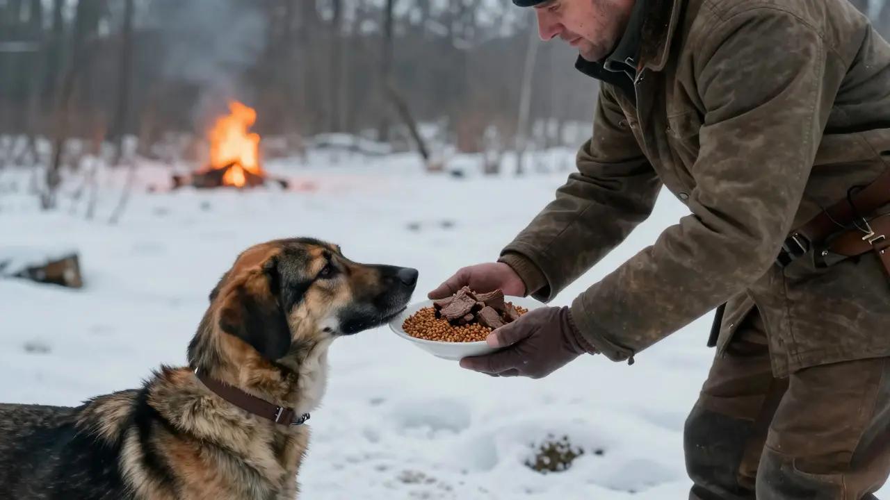 Охотник кормит собаку кашей с говядиной в зимнем лесу у костра.