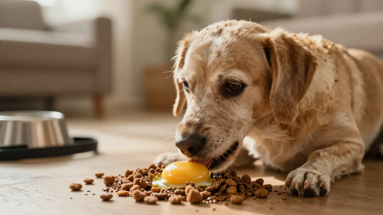Пожилая собака ест корм с яичным желтком и льняным маслом на фоне уютной комнаты.
