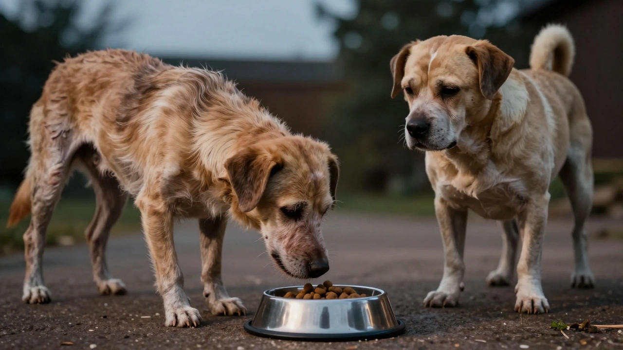 Пожилая собака с видимыми ребрами рядом с перекормленной собакой, контраст здорового и нездорового телосложения.