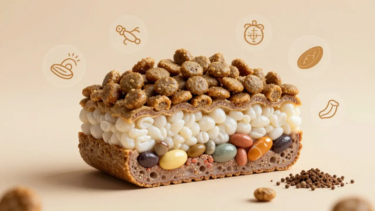 Разрез сухого корма с видимыми ингредиентами и потерянными питательными веществами.