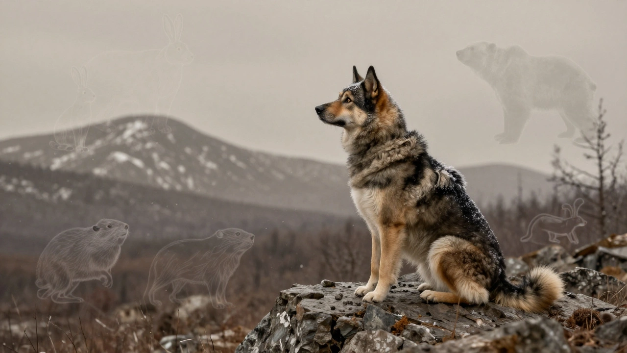 Русско-европейская лайка на скале в сибирской тайге с видимыми силуэтами дичи.