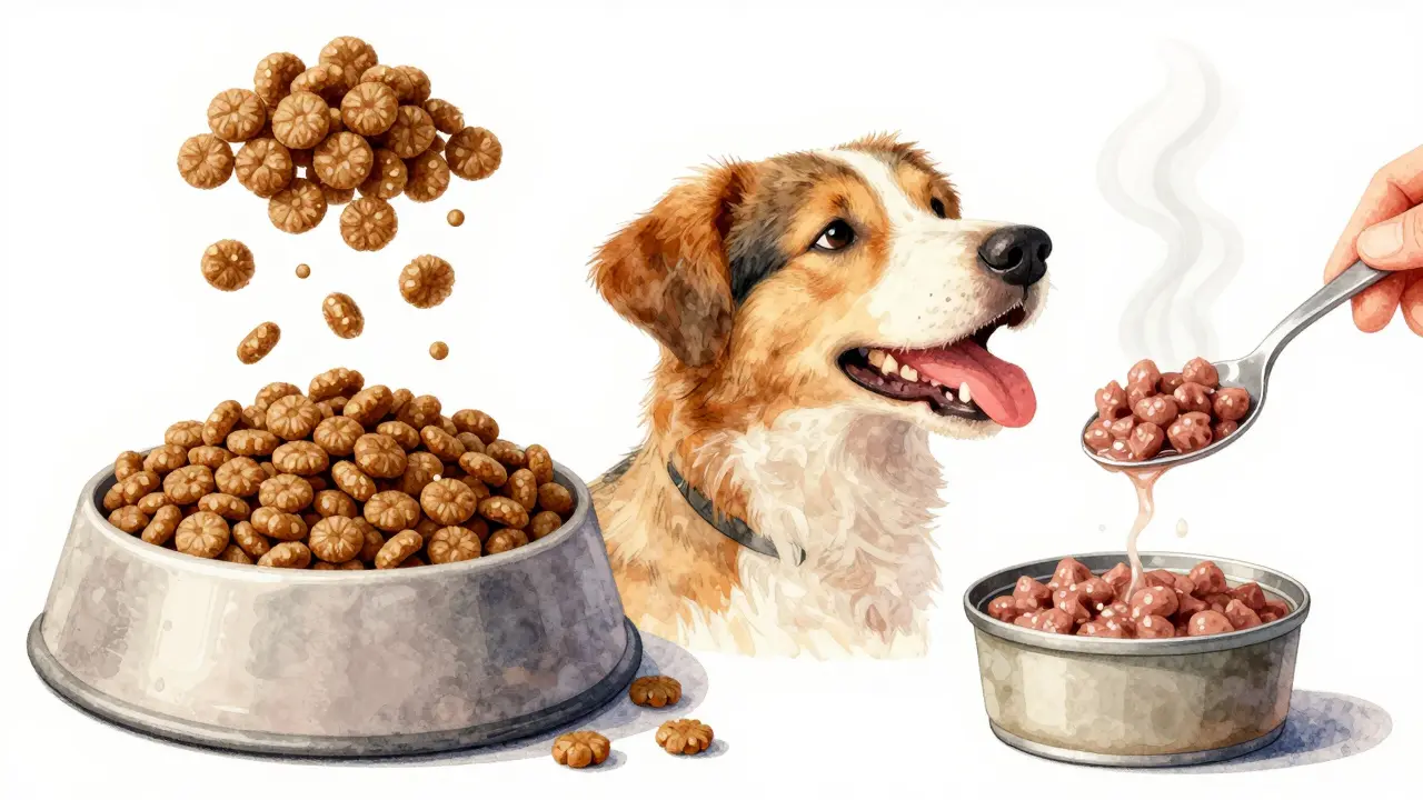 Сбалансированное питание собаки: сухой и влажный корм рядом, ветеринар осматривает челюсть.