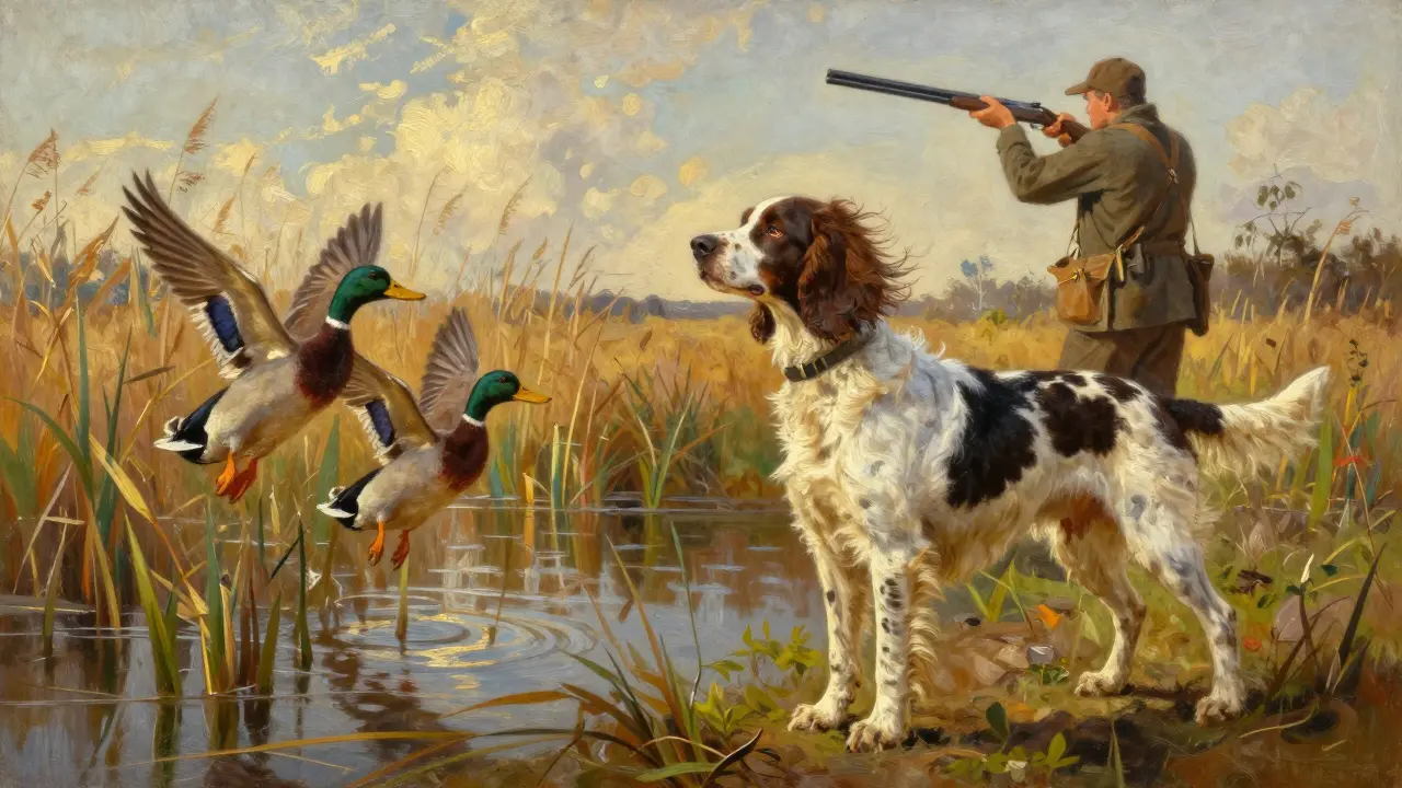 Сеттер в позе указки стоит у болота, утки взлетают впереди, охотник поднимает ружье.