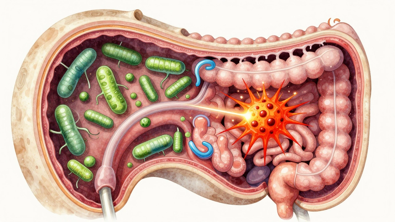 Схема внутреннего пищеварительного тракта собаки с контрастом полезных и вредных бактерий при смене корма.