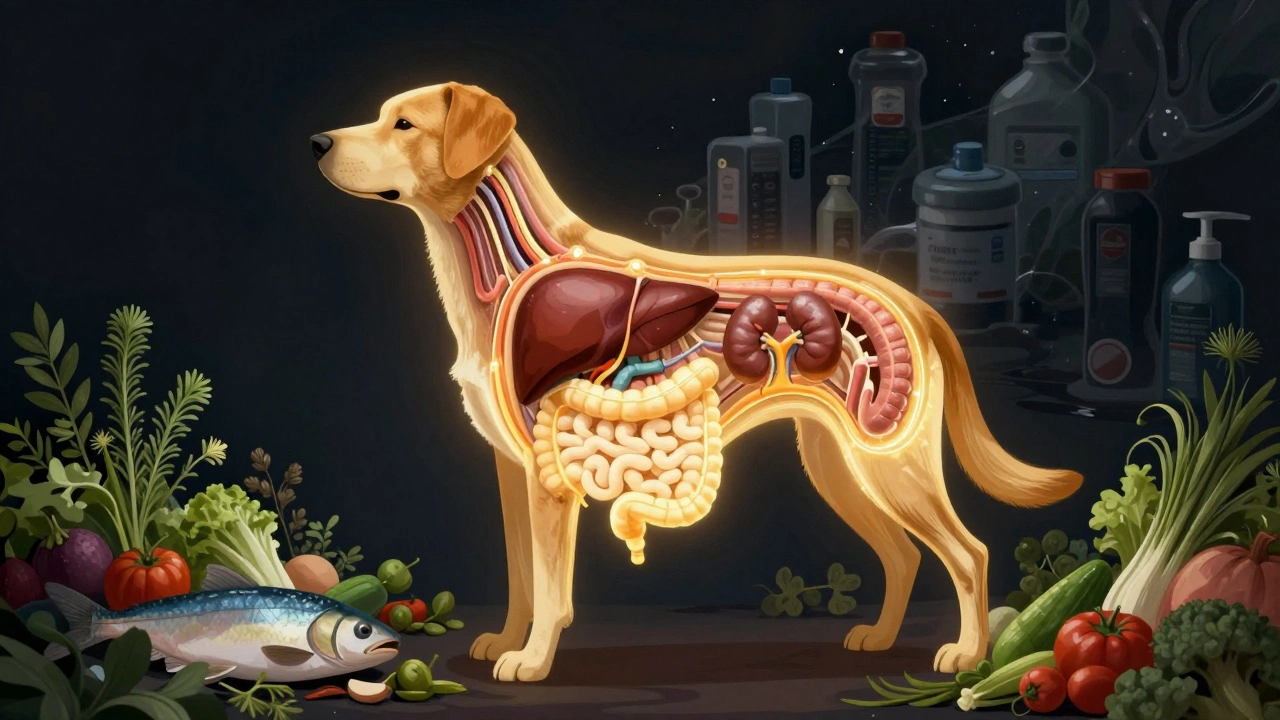 Схематичное изображение здорового пищеварения собаки, освещённого светом натуральных ингредиентов.