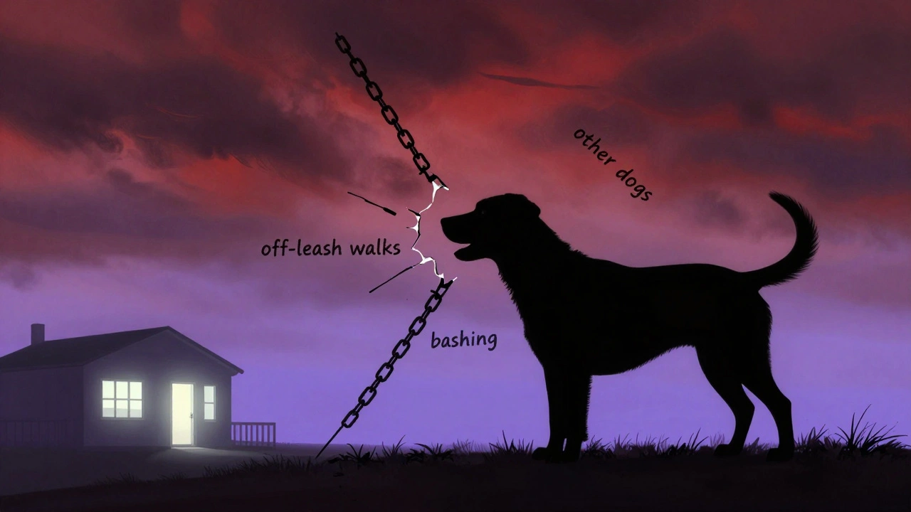 Силуэт собаки с разрушающимися символическими цепями, вдалеке — ветклиника.