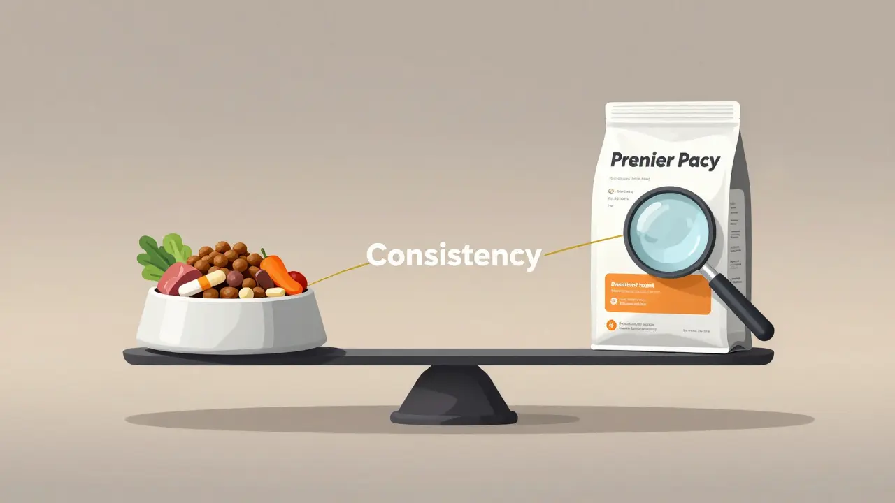 Символическая весы: домашняя еда и премиум-корм на противоположных сторонах, соединённые нитью 'Последовательность'.