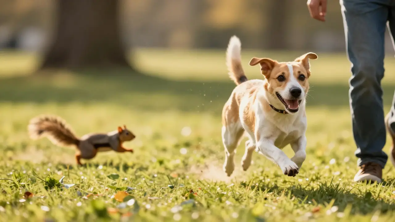 Собака бежит к хозяину в парке, радостная, на фоне убегающего беличьего силуэта.