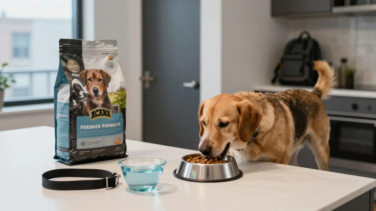 Собака ест качественный сухой корм в современной кухне, рядом — открытый пакет и полная миска с водой.