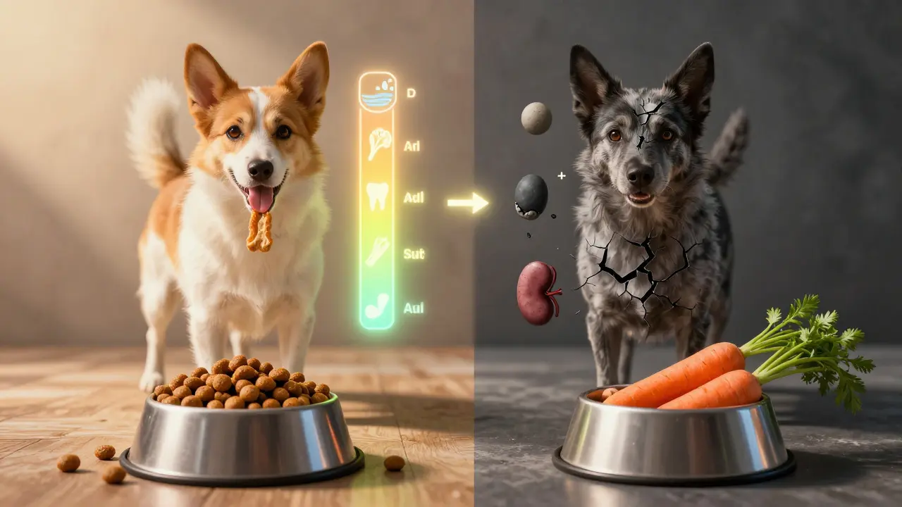 Собака между двумя вариантами питания: здоровым и рискованным.