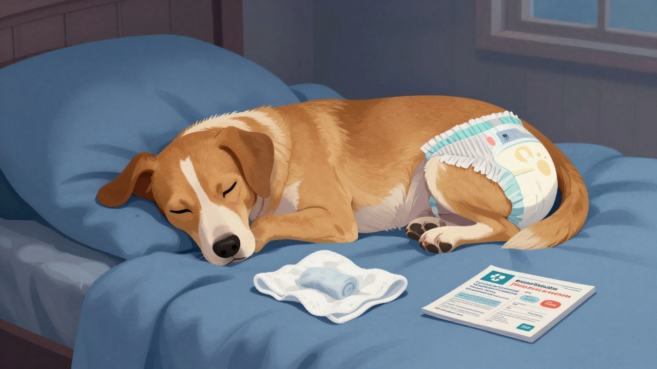 Собака на мягкой подстилке в комнате, рядом — влажная ткань и снятый подгузник.