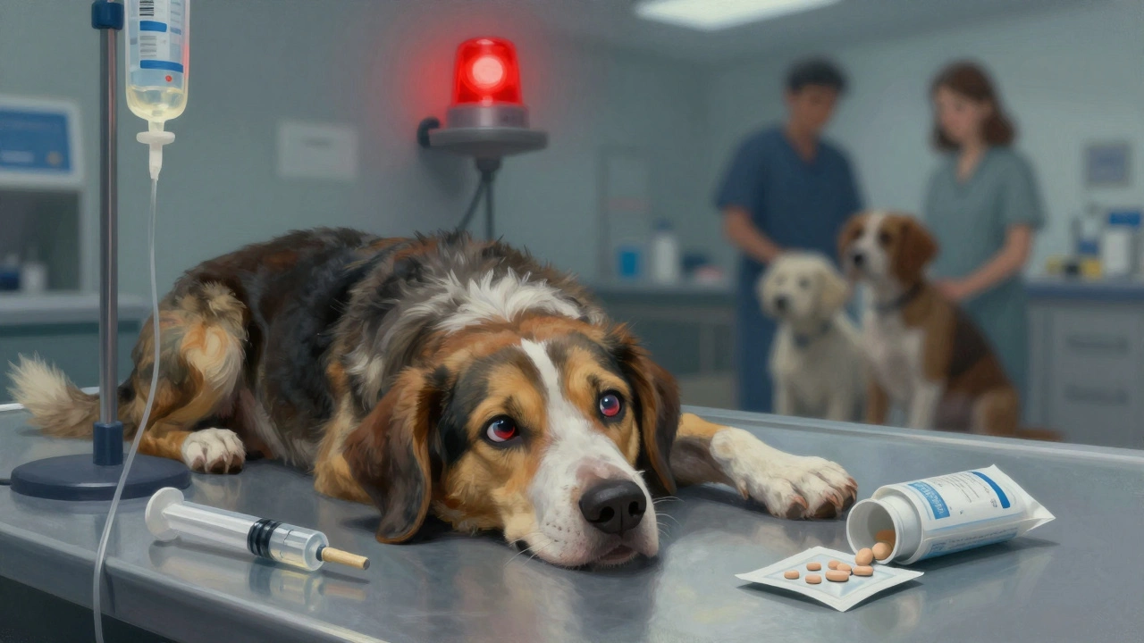 Собака на полу ветклиники, слабая, рядом медицинское оборудование и рассыпанная жевательная резинка.