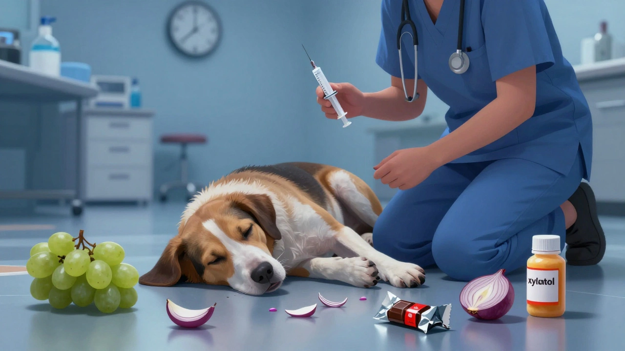 Собака на ветеринарном полу среди опасных продуктов, ветеринар оказывает помощь.