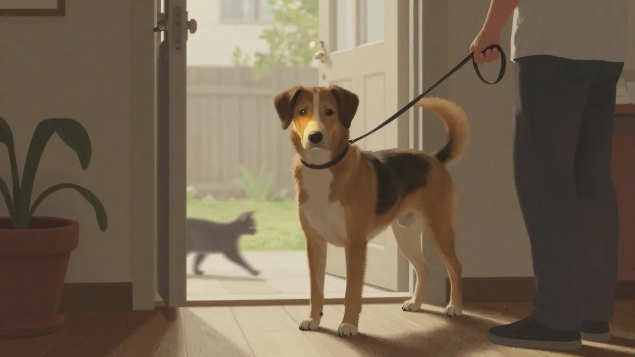 Собака неподвижна у открытой двери, рядом мелькает кошка, полное самоконтроля.