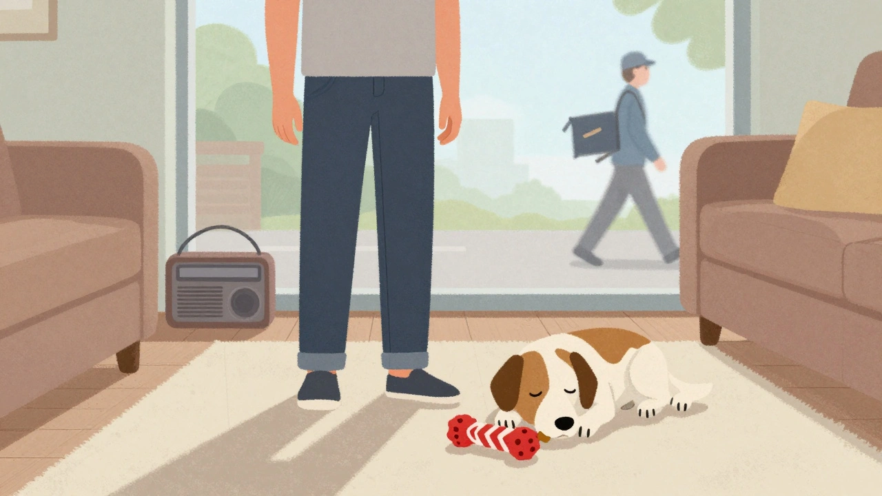 Собака отдыхает в комнате, рядом игрушка с лакомством, за окном проходит почтальон.