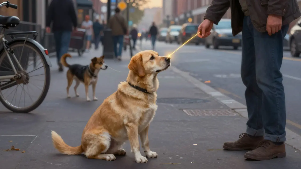 Собака сидит на оживленной улице, спокойно отвечая на взгляд хозяина.