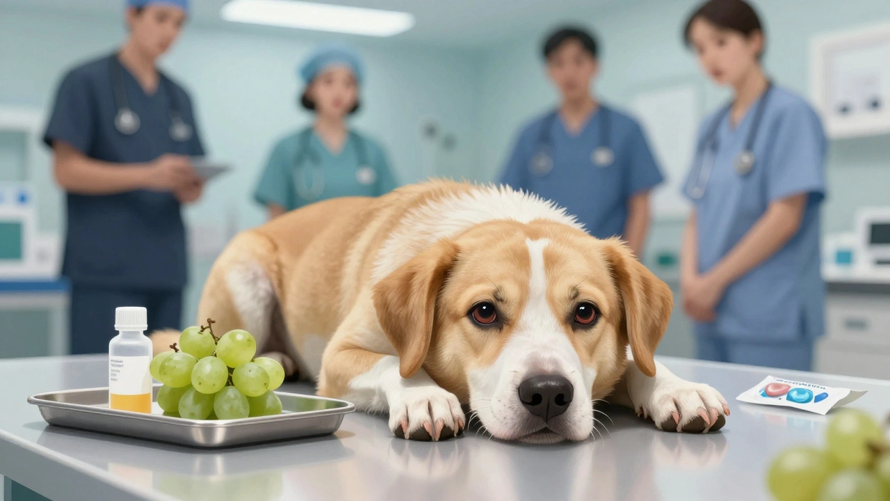 Собака слабо лежит в ветеринарной клинике рядом с запрещёнными продуктами: виноградом и жевательной резинкой.