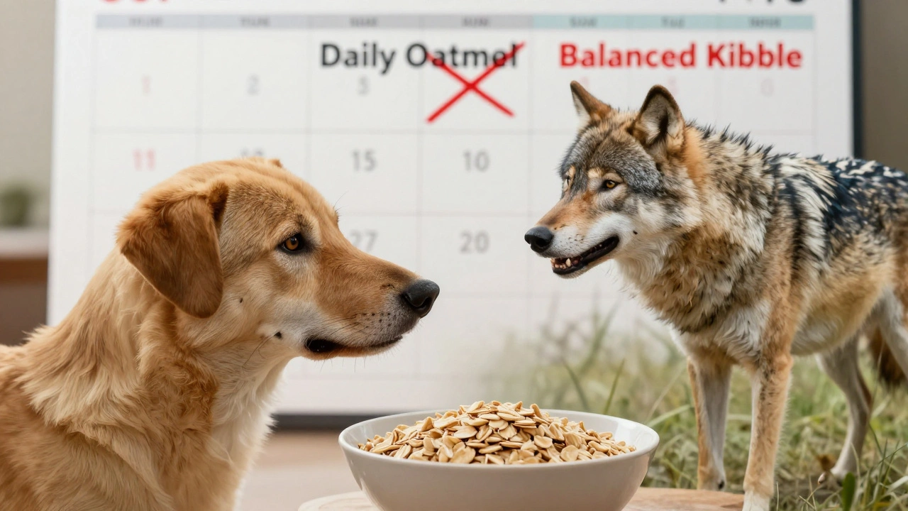 Собака смотрит на кашу, а рядом прозрачный силуэт волка — символ естественного рациона.
