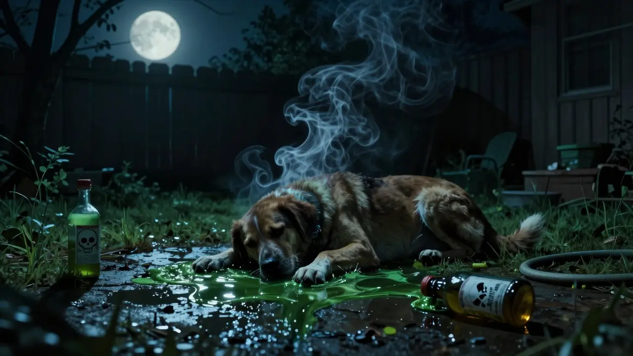 Собака в судорогах рядом с разлитым антифризом во дворе.
