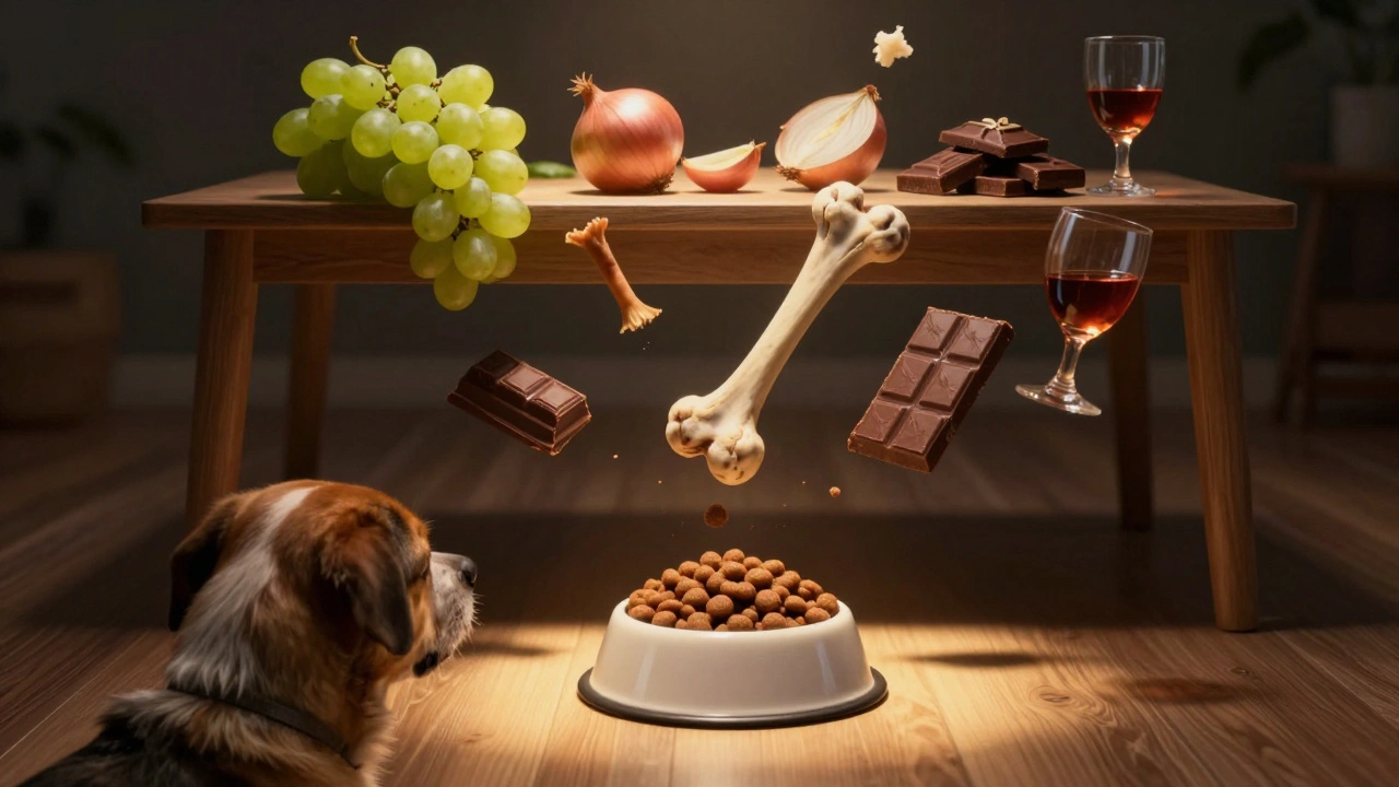 Собака видит запрещенные продукты в воздухе, а безопасная еда — на полу ниже.