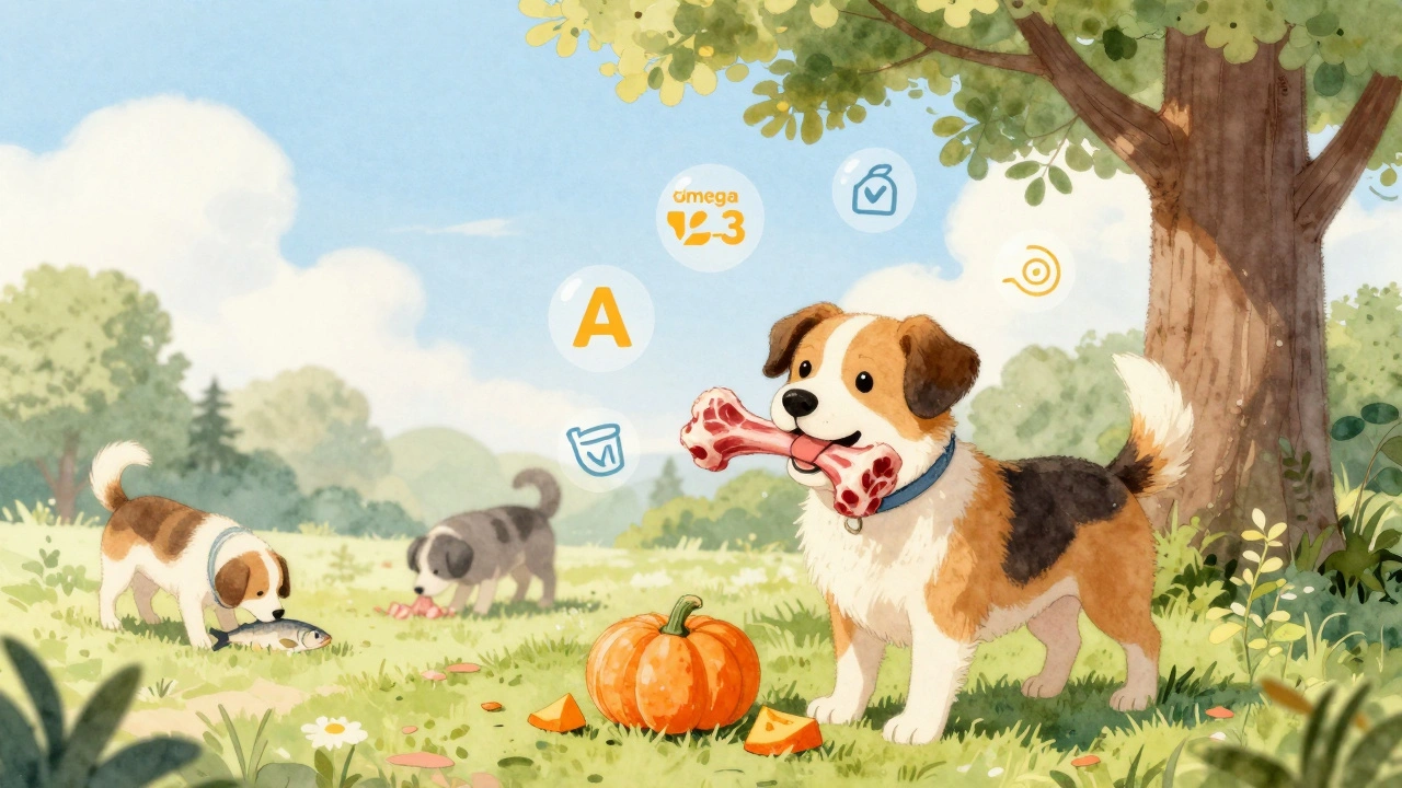 Собака жует сырой косточку в парке, вокруг неё — символы полезных веществ.