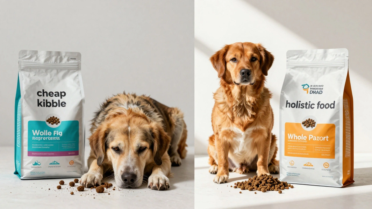 Сравнение: собака на дешёвом корме слева и на натуральном — справа, с явным контрастом состояния.