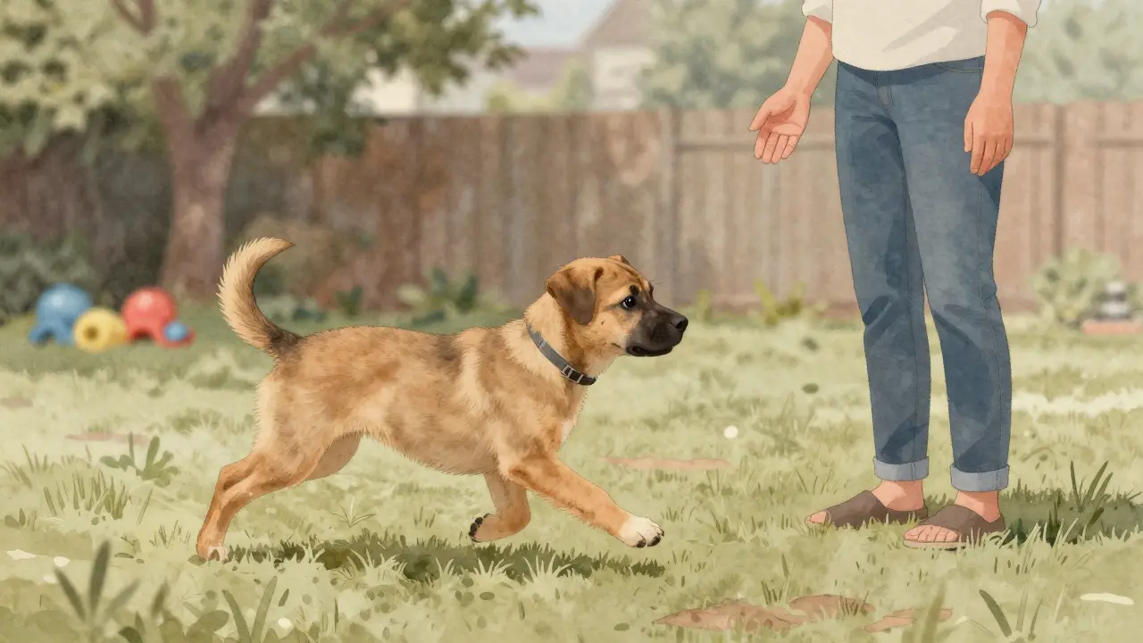 Юная собака останавливается, поворачивая голову к хозяину без команды.