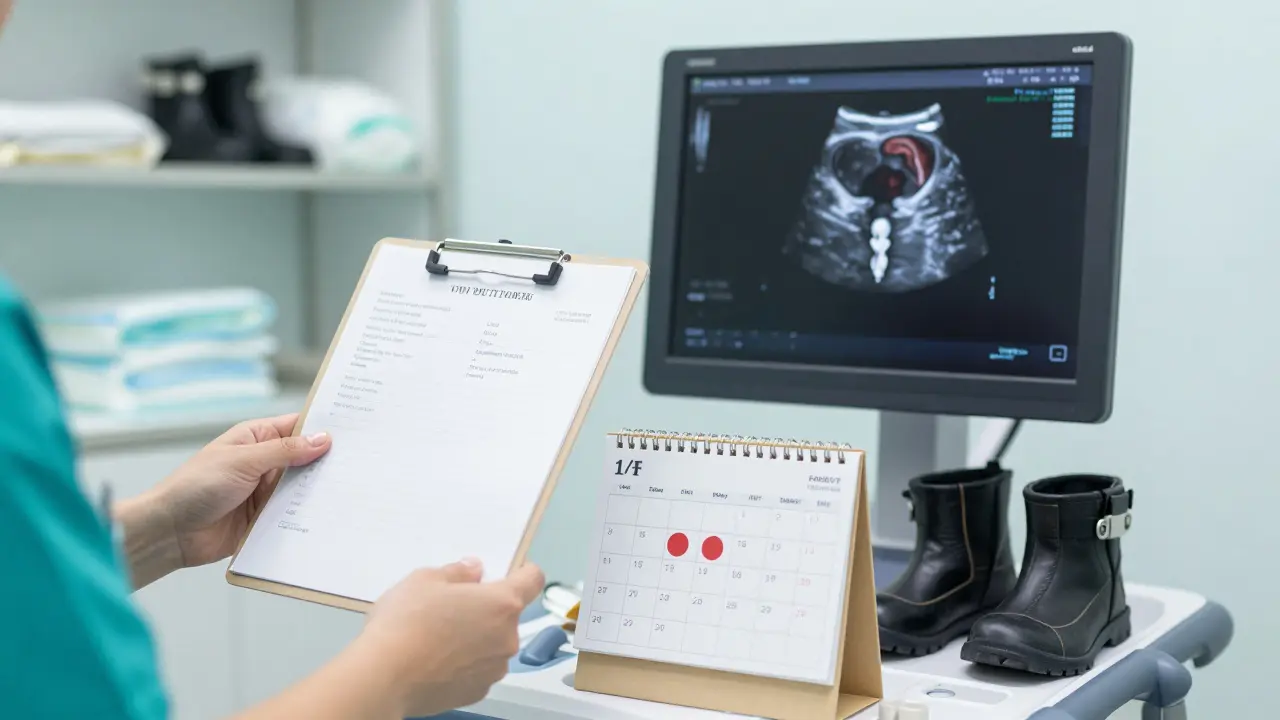 Ветеринар показывает ультразвуковое изображение матки собаки с календарем, отмечающим циклы и стерилизацию.