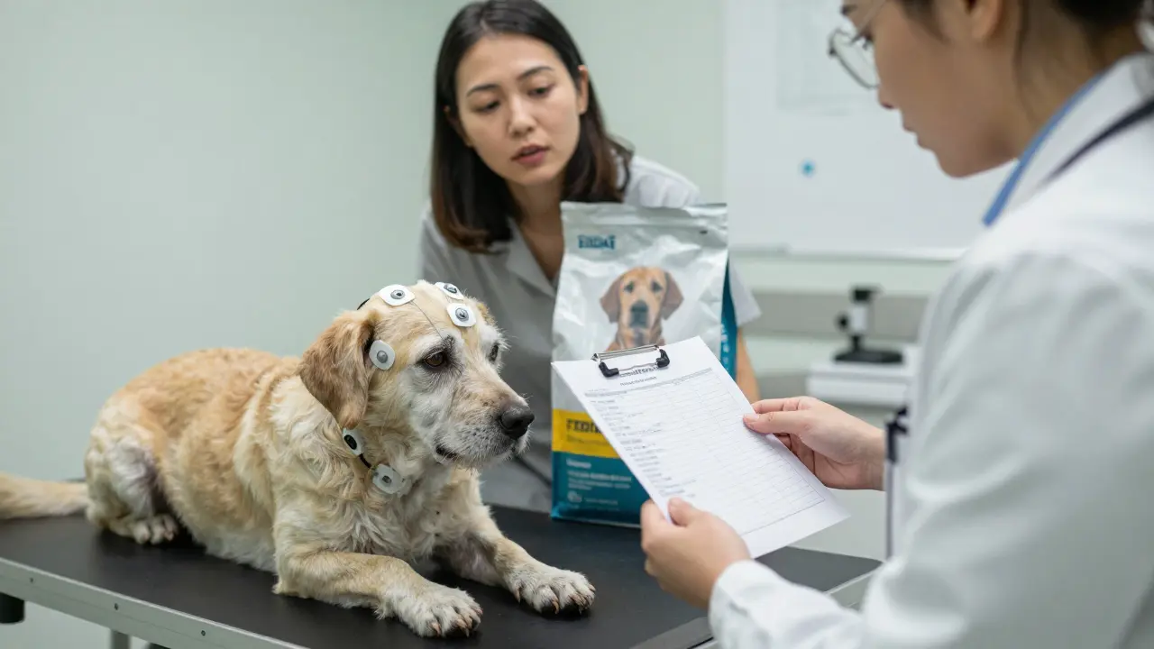 Ветеринар проверяет кровь старой собаки с подозрением на болезнь печени.