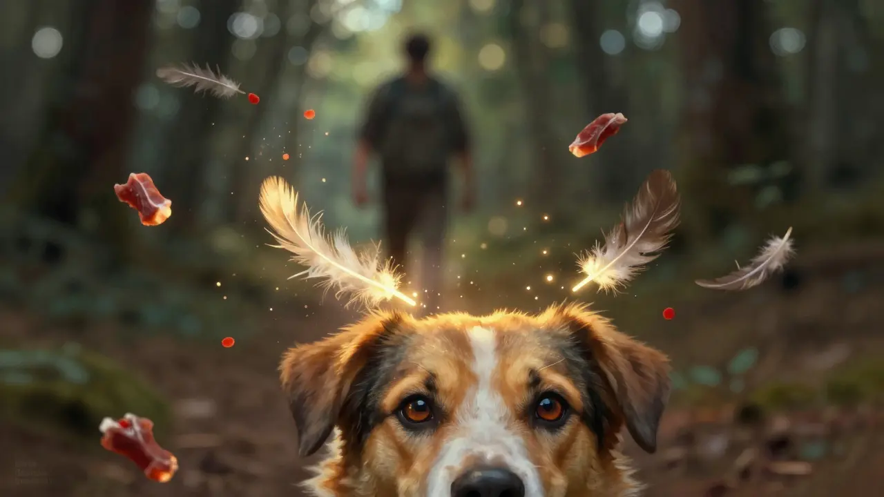 Вид собаки: в воздухе плавают светящиеся следы запахов дичи.