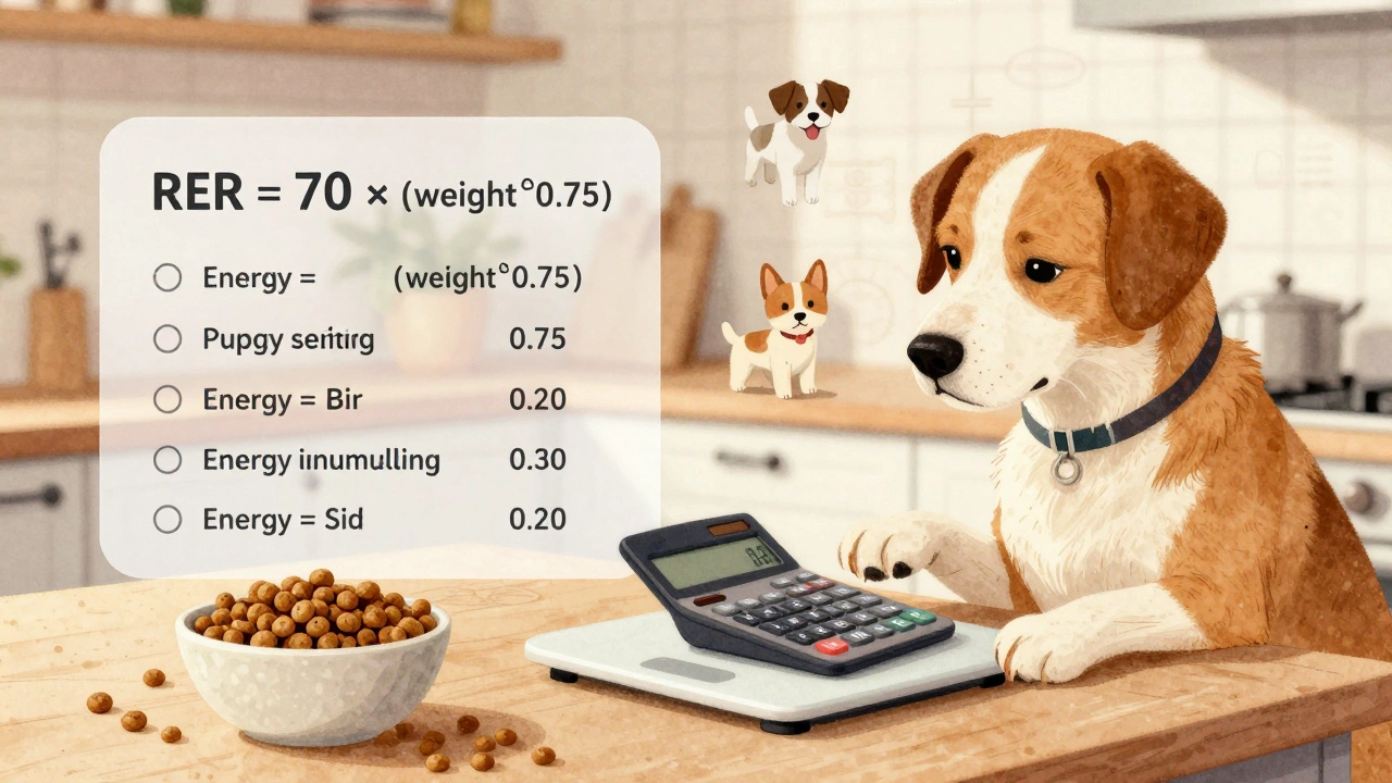 Владелец рассчитывает суточную норму калорий для собаки по формуле на кухонном столе.