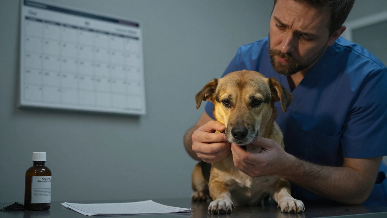 Владелец с собакой в ветеринарной клинике, рядом — календарь перехода на новый корм.