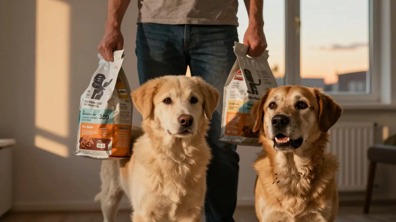 Владелец сравнивает стоимость сухого и влажного корма, рядом две собаки — здоровая и больная.