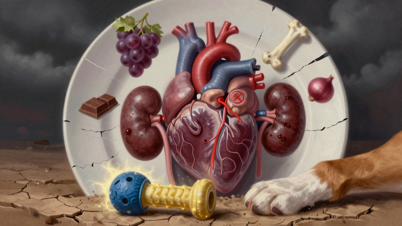 Внутренние органы собаки под угрозой от токсинов, рядом безопасная жевательная игрушка.