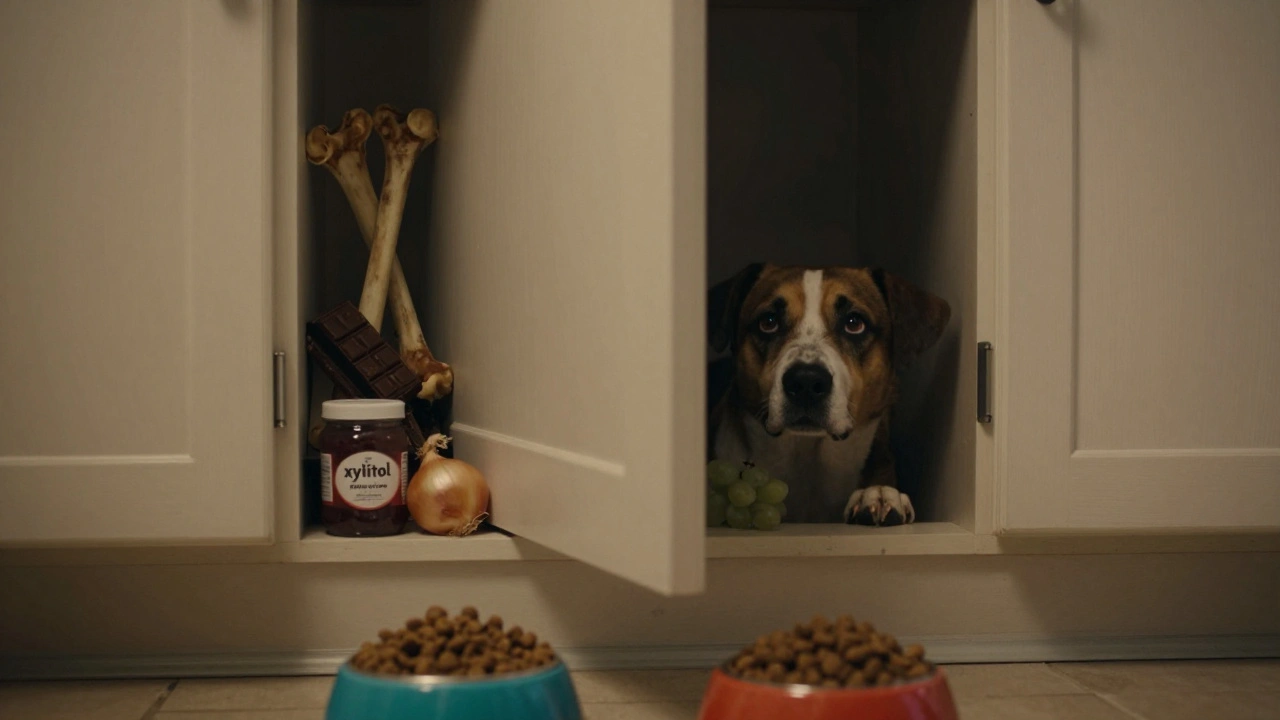 За приоткрытой дверью шкафа — запрещённые продукты для собак, а снаружи собака смотрит с надеждой.