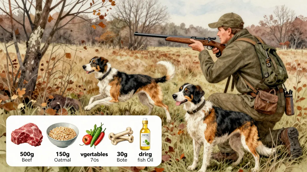 Охотник и собака в лесу, собака указывает на дичь, рядом — порции еды для сбалансированного рациона.