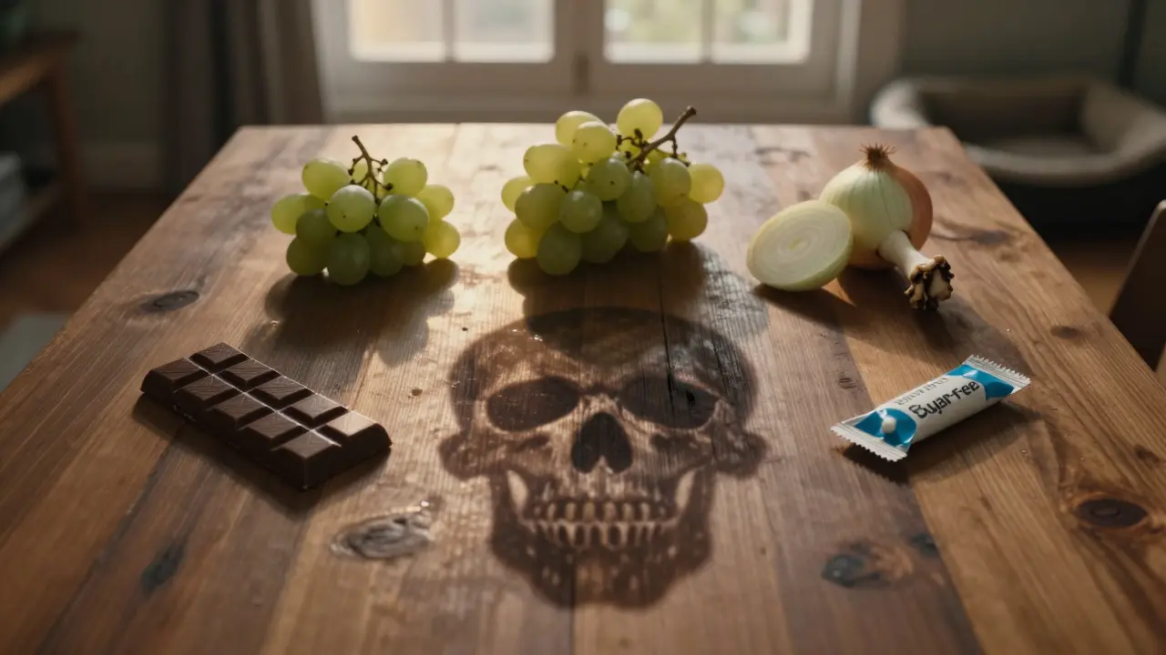 Пять смертельных продуктов для собак arranged как оружие, их тени образуют череп, на фоне пустой собачьей кровати.