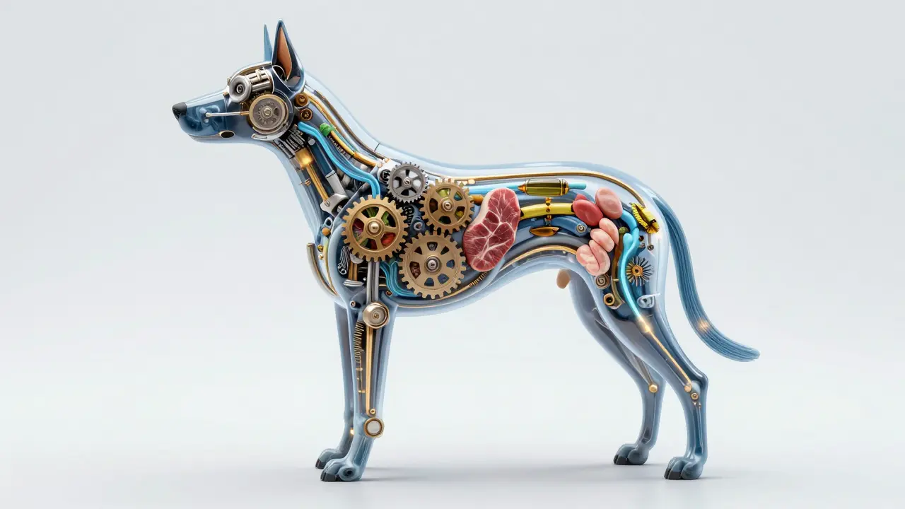 Схематичное изображение тела собаки как двигателя, работающего на натуральных ингредиентах.