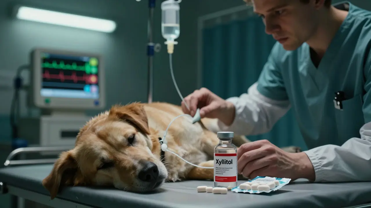 Собака на ветеринарном столе с капельницей, рядом — упаковка с ксилитом, ветеринар спешит оказать помощь.