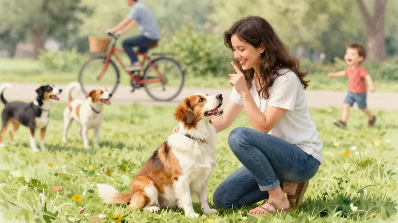 Собака спокойно сидит в парке, реагируя на жест хозяина, несмотря на шум вокруг.
