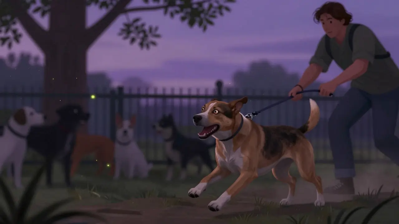 Собака тянет поводок к забору, где скрыта сука в течке, владелец пытается удержать её.