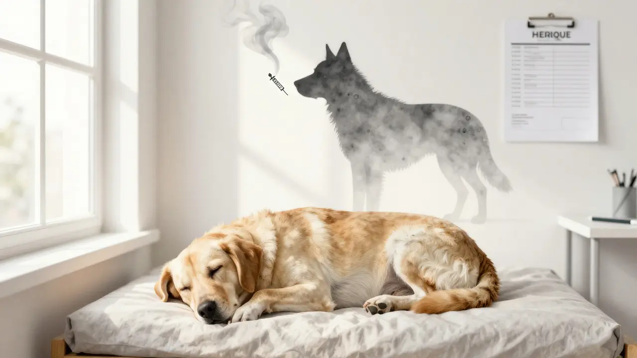 Спокойный кастрированный пес отдыхает у окна, тень бывшего беспокойства исчезает.