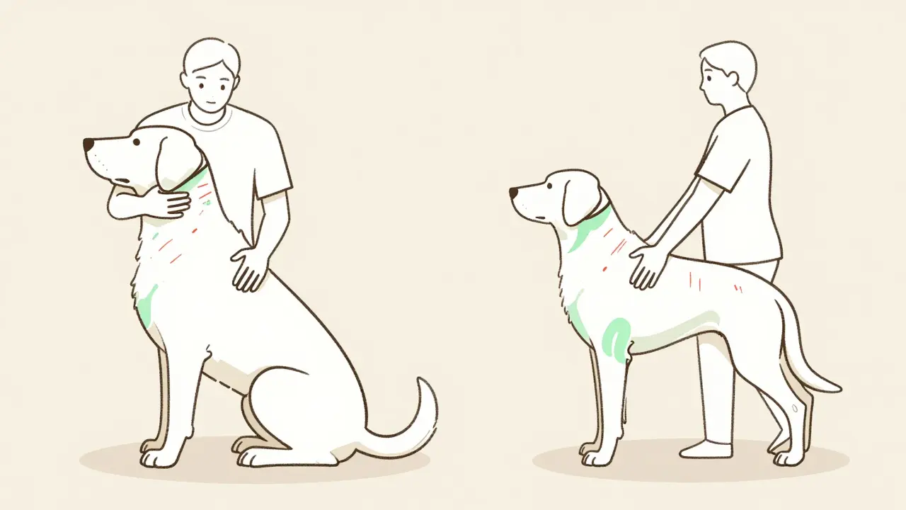 Сравнение правильного и неправильного способа подъёма собаки, визуализация нагрузки на позвоночник.