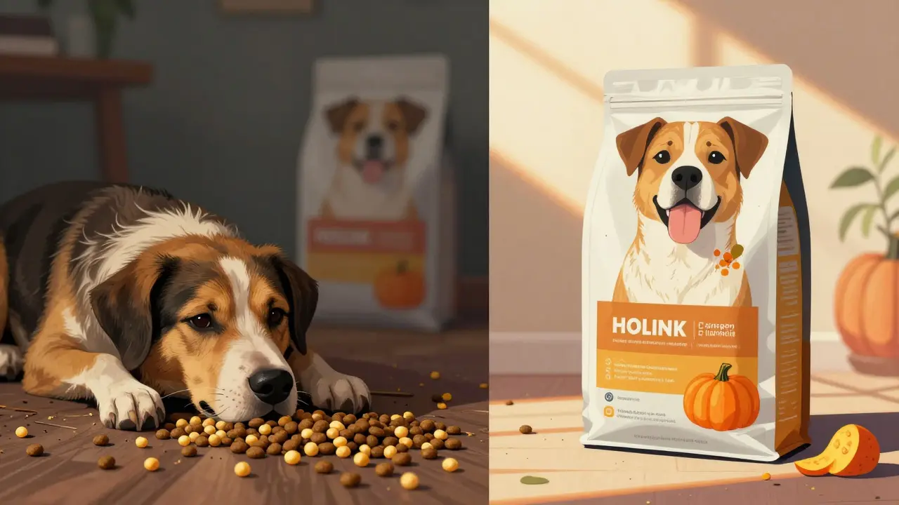 Сравнение: тусклая собака с дешевым кормом и активная собака с холистическим кормом.