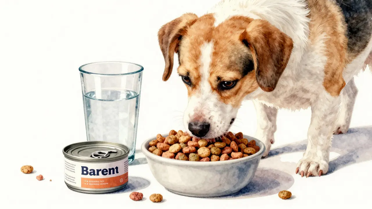 Смесь сухого и влажного корма в миске с водой, собака ест